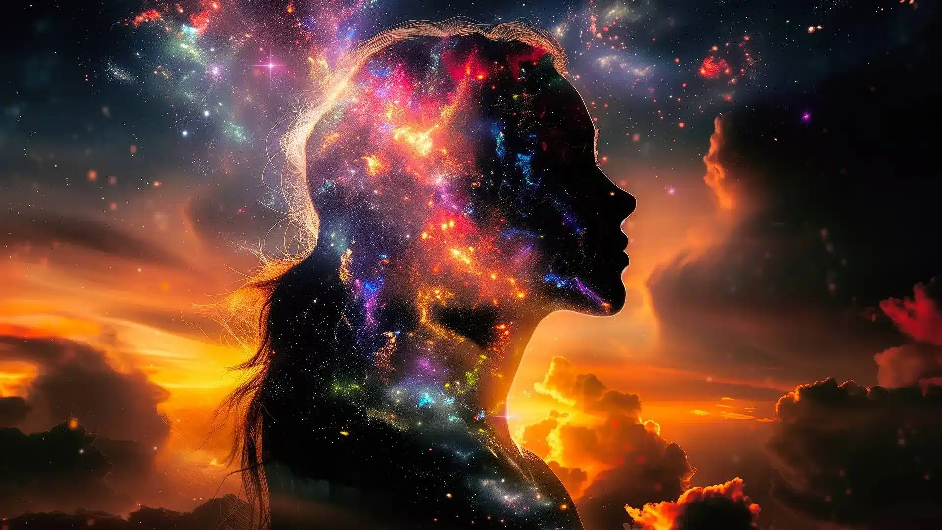 Silhouette of a woman over a galaxy blending with a sunset