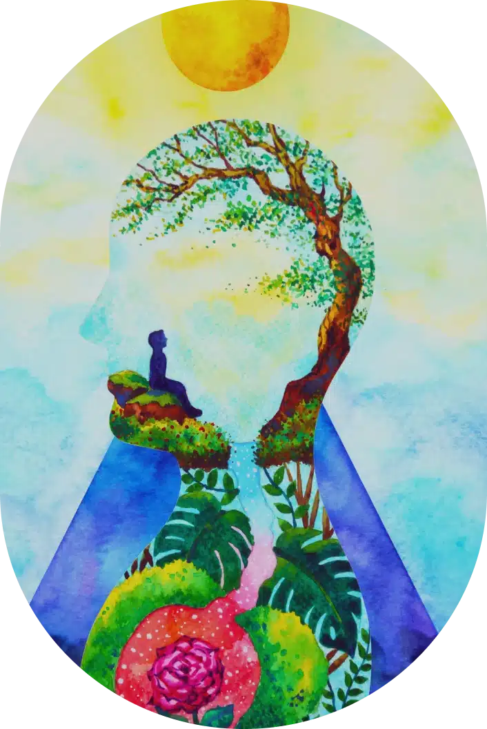 Abstract art of a boy inside a silhouette of a person with leaves, a tree, flowers and a sun - Melissa Rae Therapy QEC Service